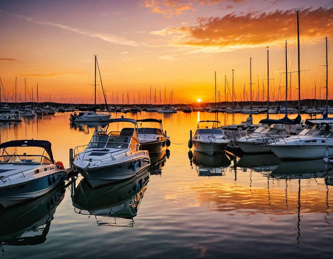 A serene marina scene showcasing various boats safely docked, with the sun setting in the background casting warm hues on the water. Incorporate elements like a nautical chart, life jackets, and safety gear strategically placed to emphasize the importance of preparedness. Include cheerful families enjoying their boating adventure, highlighting a sense of joy and safety. The overall atmosphere should evoke tranquility and adventure. super-realistic. vibrant colors. sunset ambiance.