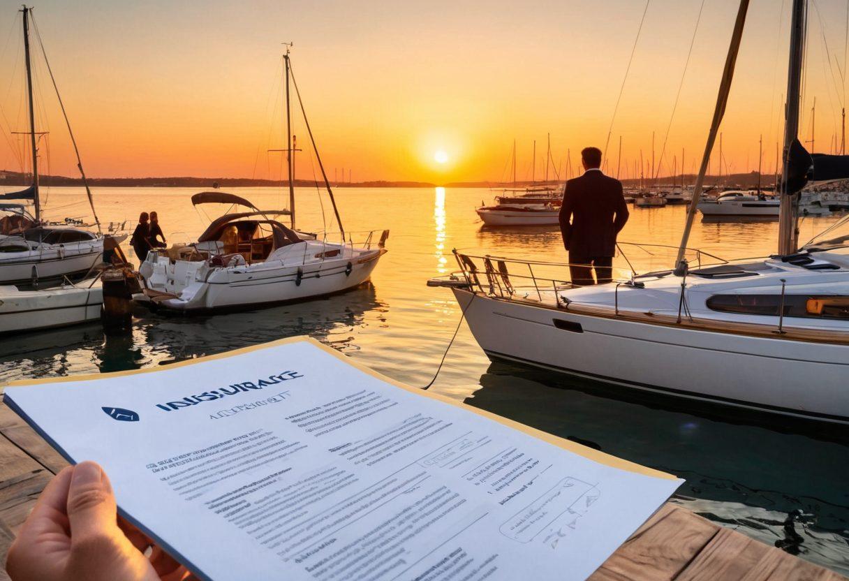 A serene harbor filled with various boats, ranging from a small sailboat to a luxurious yacht, each labeled with different insurance policy icons and descriptions. In the foreground, a confident insurance agent discusses with a couple, looking over a brochure detailing coverage options. The sun sets in the background, casting warm colors over the water, creating an inviting atmosphere. The scene should evoke a sense of safety and adventure on the water. super-realistic. vibrant colors. warm background.