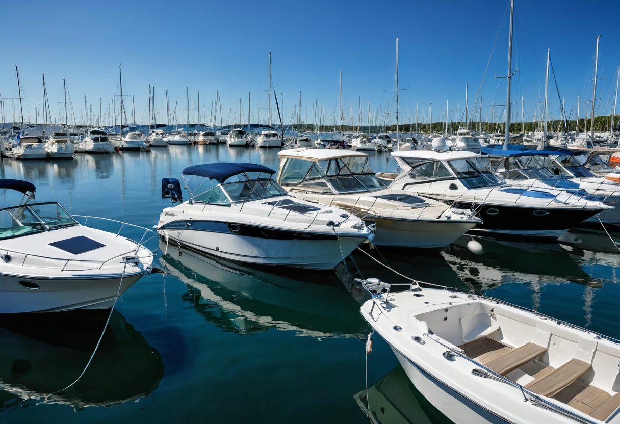 A serene marina scene with various boats floating on calm waters under a bright blue sky, showcasing a diverse range of boat types. Include a confident boat owner reviewing insurance documents next to their vessel, surrounded by nautical elements like ropes, anchors, and life jackets for added context. The composition should evoke a sense of safety and security, highlighting comprehensive boat protection. super-realistic. vibrant colors. white background.
